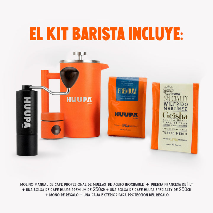paquete kit barista con dos cafés, prensa francesa y molino manual