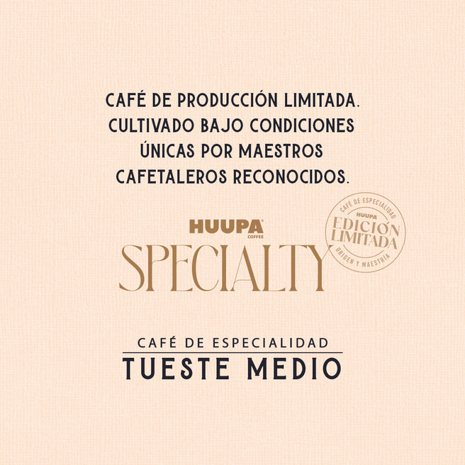 Fondo beige con texto describiendo el café de especialidad Garnica y Caturra. Producción limitada Marca Huupa, tueste medio.