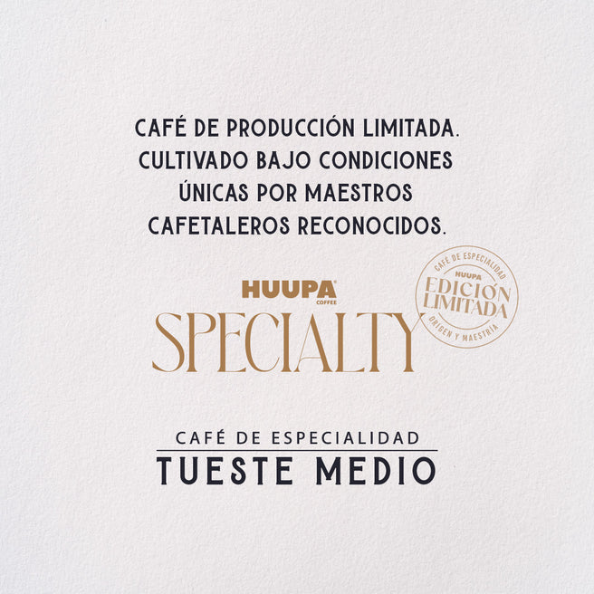 Fondo blanco con texto describiendo el café de especialidad. Producción limitada Marca Huupa, tueste medio.