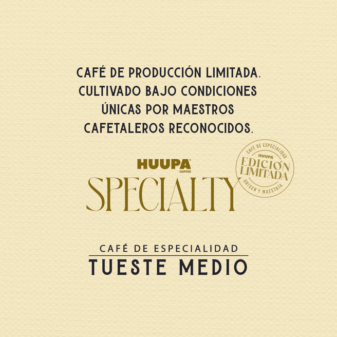 Fondo beige con texto describiendo el café de especialidad. Producción limitada Marca Huupa, tueste medio.