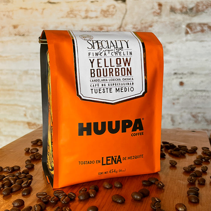 Café de especialidad Yellow bourbon empaque naranja café tostado en leña de mezquite