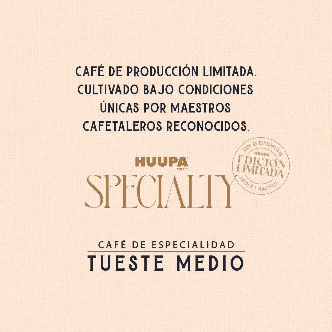 Fondo beige con texto describiendo el café de especialidad Garnica y Caturra. Producción limitada Marca Huupa, tueste medio.