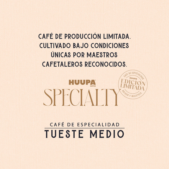 Fondo beige con texto describiendo el café de especialidad Garnica y Caturra. Producción limitada Marca Huupa, tueste medio.