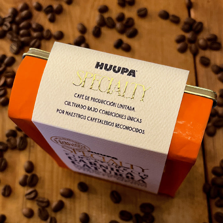 Etiqueta bolsa de café naranja marca Huupa