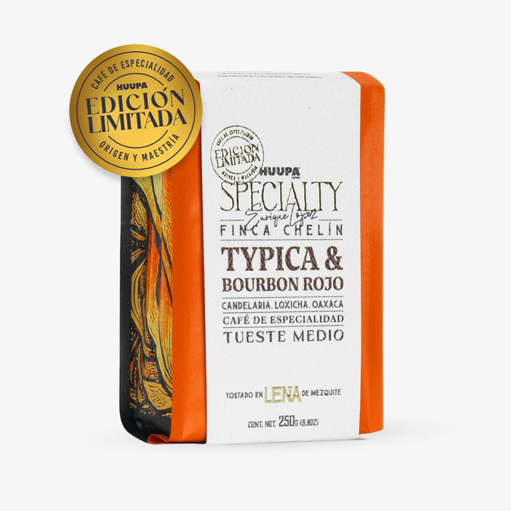 Bolsa naranja de 250 g de café de especialidad HUUPA, etiquetada como "Typica & Bourbon Rojo", "Tueste Medio" y con una insignia dorada de "Edición Limitada"