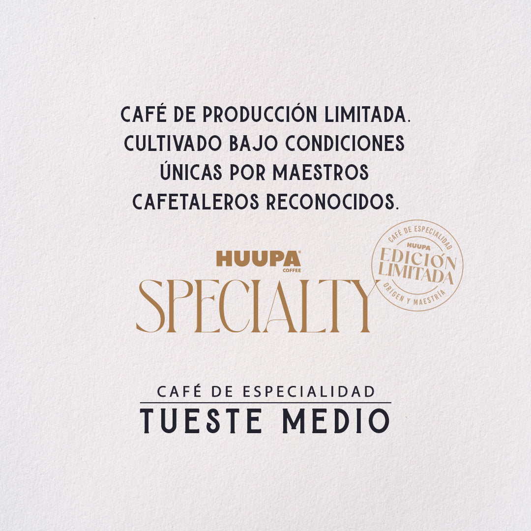 Fondo blanco con texto describiendo el café de especialidad. Producción limitada Marca Huupa, tueste medio.