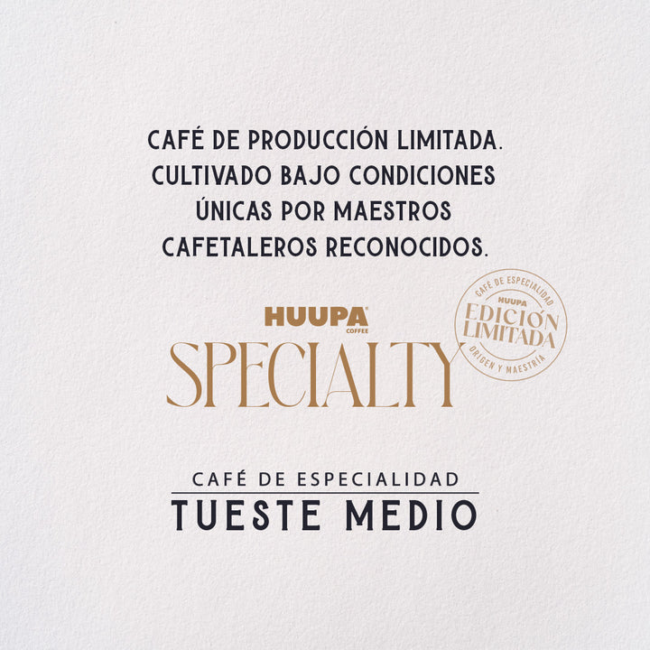 Fondo blanco con texto describiendo el café de especialidad. Producción limitada Marca Huupa, tueste medio.