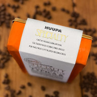 Etiqueta bolsa de café de especialidad naranja con fondo borroso