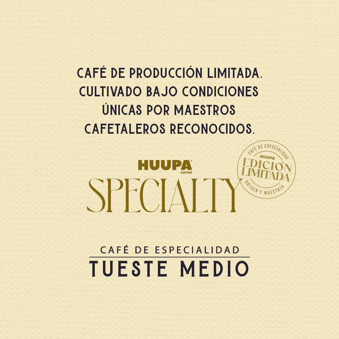 Fondo beige con texto describiendo el café de especialidad. Producción limitada Marca Huupa, tueste medio.