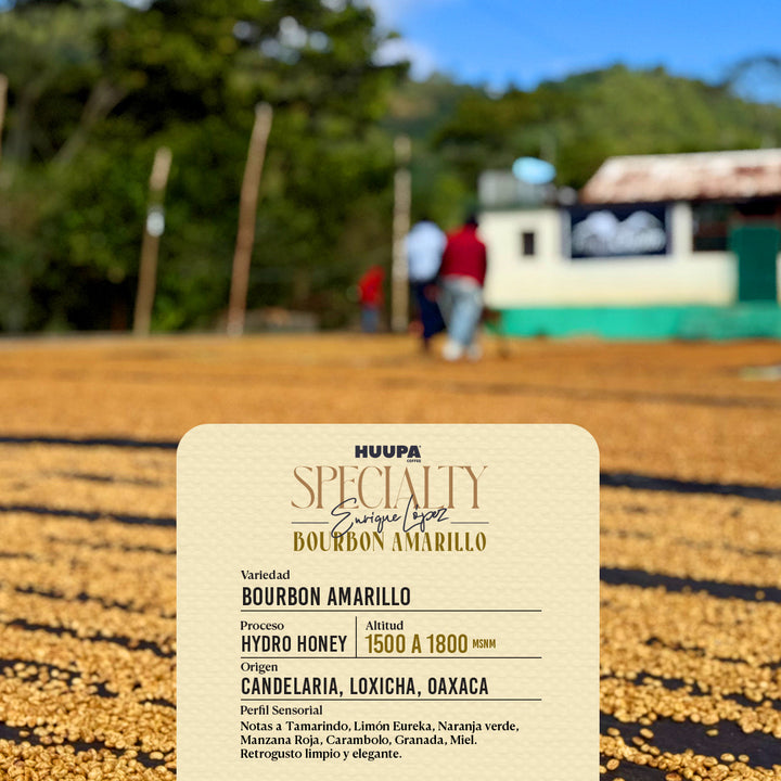 Etiqueta de café de especialidad Huupa Bourbon Amarillo proceso hydro honey 1500 a 1800 msnm de altura.