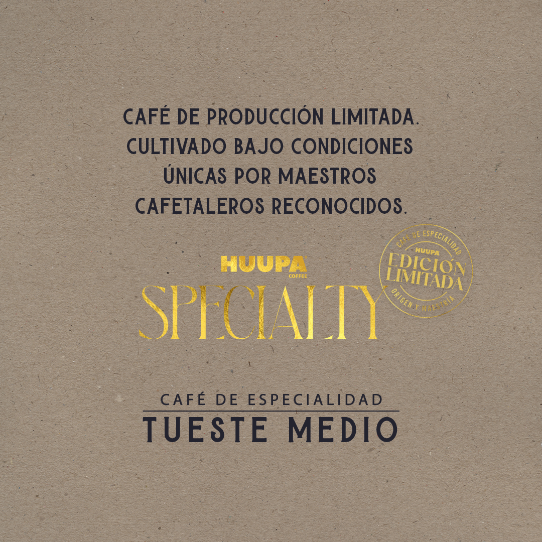 Fondo beige con texto describiendo el café de especialidad Bourbon Typica. Producción limitada Marca Huupa, tueste medio.
