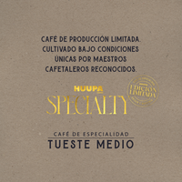 Fondo beige con texto describiendo el café de especialidad Bourbon Typica. Producción limitada Marca Huupa, tueste medio.