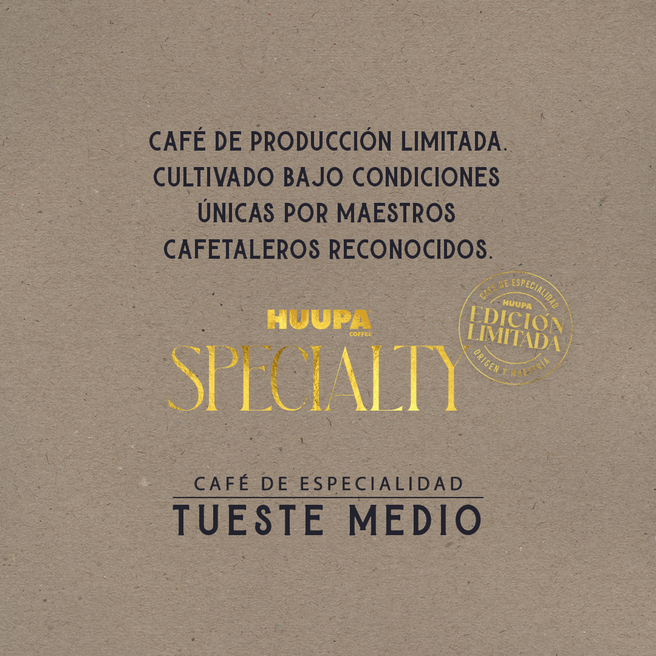 Fondo beige con texto describiendo el café de especialidad Bourbon Typica. Producción limitada Marca Huupa, tueste medio.