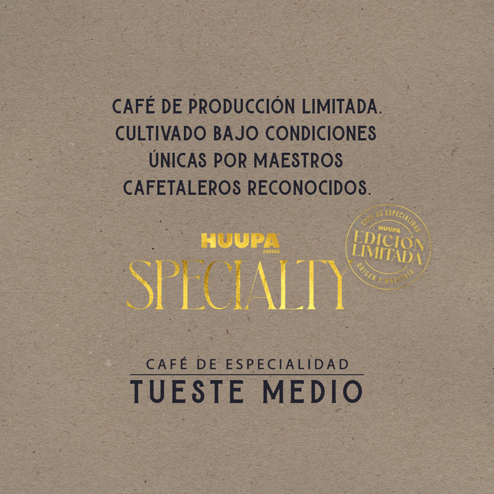 Fondo beige con texto describiendo el café de especialidad Bourbon Typica. Producción limitada Marca Huupa, tueste medio.