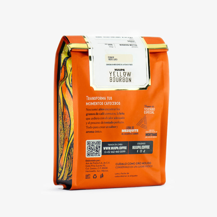 empaque naranja parte trasera café de especialidad yellow bourbon etiqueta